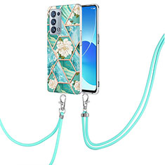 Silicone Candy Rubber Gel Fashionable Pattern Soft Case Cover with Lanyard Strap Y02B for Oppo Reno6 Pro+ Plus 5G Green