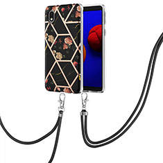 Silicone Candy Rubber Gel Fashionable Pattern Soft Case Cover with Lanyard Strap Y02B for Samsung Galaxy A01 Core Black