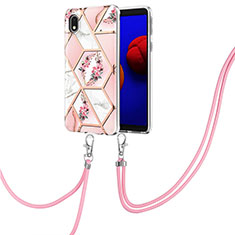 Silicone Candy Rubber Gel Fashionable Pattern Soft Case Cover with Lanyard Strap Y02B for Samsung Galaxy A01 Core Pink