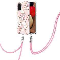 Silicone Candy Rubber Gel Fashionable Pattern Soft Case Cover with Lanyard Strap Y02B for Samsung Galaxy A02s Pink