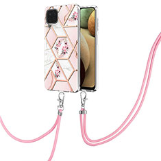 Silicone Candy Rubber Gel Fashionable Pattern Soft Case Cover with Lanyard Strap Y02B for Samsung Galaxy A12 Pink