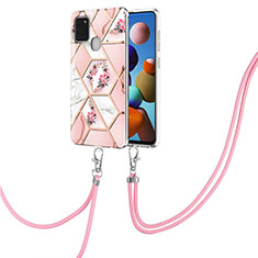 Silicone Candy Rubber Gel Fashionable Pattern Soft Case Cover with Lanyard Strap Y02B for Samsung Galaxy A21s Pink
