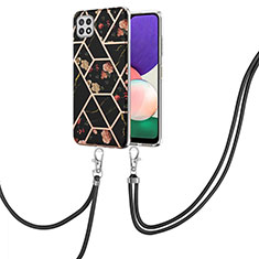 Silicone Candy Rubber Gel Fashionable Pattern Soft Case Cover with Lanyard Strap Y02B for Samsung Galaxy A22s 5G Black