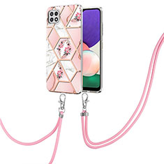 Silicone Candy Rubber Gel Fashionable Pattern Soft Case Cover with Lanyard Strap Y02B for Samsung Galaxy A22s 5G Pink