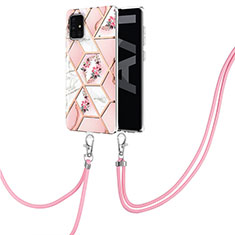 Silicone Candy Rubber Gel Fashionable Pattern Soft Case Cover with Lanyard Strap Y02B for Samsung Galaxy A71 5G Pink