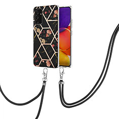 Silicone Candy Rubber Gel Fashionable Pattern Soft Case Cover with Lanyard Strap Y02B for Samsung Galaxy A82 5G Black
