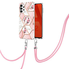 Silicone Candy Rubber Gel Fashionable Pattern Soft Case Cover with Lanyard Strap Y02B for Samsung Galaxy M32 5G Pink