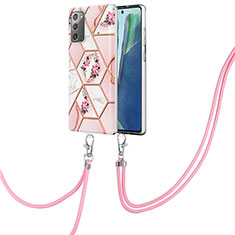 Silicone Candy Rubber Gel Fashionable Pattern Soft Case Cover with Lanyard Strap Y02B for Samsung Galaxy Note 20 5G Pink