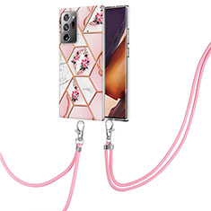 Silicone Candy Rubber Gel Fashionable Pattern Soft Case Cover with Lanyard Strap Y02B for Samsung Galaxy Note 20 Ultra 5G Pink