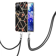 Silicone Candy Rubber Gel Fashionable Pattern Soft Case Cover with Lanyard Strap Y02B for Samsung Galaxy S20 FE 5G Black