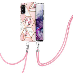 Silicone Candy Rubber Gel Fashionable Pattern Soft Case Cover with Lanyard Strap Y02B for Samsung Galaxy S20 Pink
