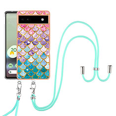 Silicone Candy Rubber Gel Fashionable Pattern Soft Case Cover with Lanyard Strap Y03B for Google Pixel 6a 5G Colorful
