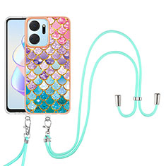 Silicone Candy Rubber Gel Fashionable Pattern Soft Case Cover with Lanyard Strap Y03B for Huawei Honor X7a Colorful
