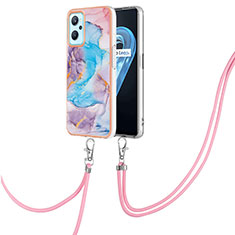 Silicone Candy Rubber Gel Fashionable Pattern Soft Case Cover with Lanyard Strap Y03B for Oppo A96 4G Blue