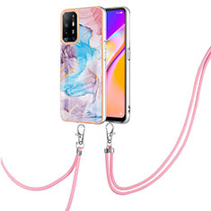 Silicone Candy Rubber Gel Fashionable Pattern Soft Case Cover with Lanyard Strap Y03B for Oppo F19 Pro+ Plus 5G Blue