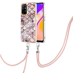 Silicone Candy Rubber Gel Fashionable Pattern Soft Case Cover with Lanyard Strap Y03B for Oppo F19 Pro+ Plus 5G Brown