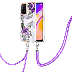 Silicone Candy Rubber Gel Fashionable Pattern Soft Case Cover with Lanyard Strap Y03B for Oppo F19 Pro+ Plus 5G Purple