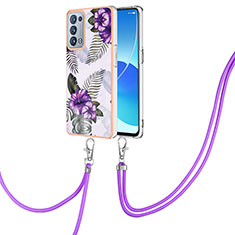 Silicone Candy Rubber Gel Fashionable Pattern Soft Case Cover with Lanyard Strap Y03B for Oppo Reno6 Pro 5G Purple