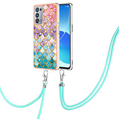 Silicone Candy Rubber Gel Fashionable Pattern Soft Case Cover with Lanyard Strap Y03B for Oppo Reno6 Pro+ Plus 5G Colorful