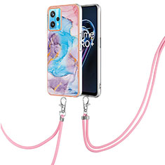 Silicone Candy Rubber Gel Fashionable Pattern Soft Case Cover with Lanyard Strap Y03B for Realme 9 5G Blue