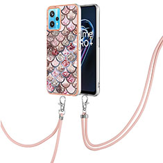 Silicone Candy Rubber Gel Fashionable Pattern Soft Case Cover with Lanyard Strap Y03B for Realme 9 5G Brown