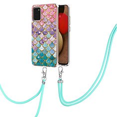 Silicone Candy Rubber Gel Fashionable Pattern Soft Case Cover with Lanyard Strap Y03B for Samsung Galaxy A02s Colorful