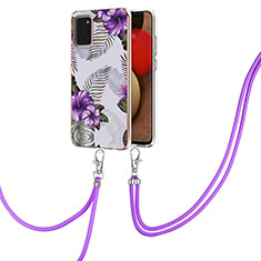 Silicone Candy Rubber Gel Fashionable Pattern Soft Case Cover with Lanyard Strap Y03B for Samsung Galaxy A02s Purple