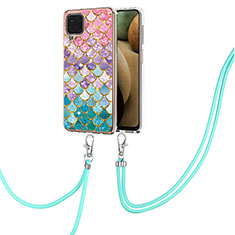 Silicone Candy Rubber Gel Fashionable Pattern Soft Case Cover with Lanyard Strap Y03B for Samsung Galaxy A12 Nacho Colorful
