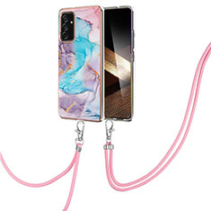 Silicone Candy Rubber Gel Fashionable Pattern Soft Case Cover with Lanyard Strap Y03B for Samsung Galaxy A15 4G Blue