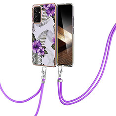 Silicone Candy Rubber Gel Fashionable Pattern Soft Case Cover with Lanyard Strap Y03B for Samsung Galaxy A15 4G Purple