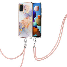 Silicone Candy Rubber Gel Fashionable Pattern Soft Case Cover with Lanyard Strap Y03B for Samsung Galaxy A21s Clove Purple