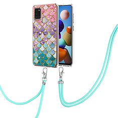 Silicone Candy Rubber Gel Fashionable Pattern Soft Case Cover with Lanyard Strap Y03B for Samsung Galaxy A21s Colorful