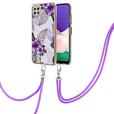 Silicone Candy Rubber Gel Fashionable Pattern Soft Case Cover with Lanyard Strap Y03B for Samsung Galaxy A22 5G Purple