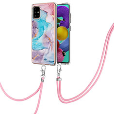 Silicone Candy Rubber Gel Fashionable Pattern Soft Case Cover with Lanyard Strap Y03B for Samsung Galaxy A51 4G Blue