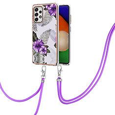 Silicone Candy Rubber Gel Fashionable Pattern Soft Case Cover with Lanyard Strap Y03B for Samsung Galaxy A52 5G Purple