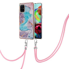 Silicone Candy Rubber Gel Fashionable Pattern Soft Case Cover with Lanyard Strap Y03B for Samsung Galaxy A71 4G A715 Blue