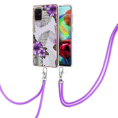 Silicone Candy Rubber Gel Fashionable Pattern Soft Case Cover with Lanyard Strap Y03B for Samsung Galaxy A71 4G A715 Purple