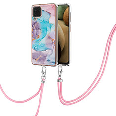 Silicone Candy Rubber Gel Fashionable Pattern Soft Case Cover with Lanyard Strap Y03B for Samsung Galaxy F12 Blue