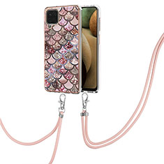 Silicone Candy Rubber Gel Fashionable Pattern Soft Case Cover with Lanyard Strap Y03B for Samsung Galaxy F12 Brown