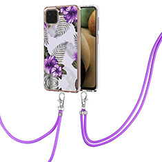 Silicone Candy Rubber Gel Fashionable Pattern Soft Case Cover with Lanyard Strap Y03B for Samsung Galaxy F12 Purple