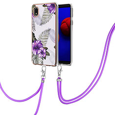 Silicone Candy Rubber Gel Fashionable Pattern Soft Case Cover with Lanyard Strap Y03B for Samsung Galaxy M01 Core Purple