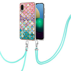 Silicone Candy Rubber Gel Fashionable Pattern Soft Case Cover with Lanyard Strap Y03B for Samsung Galaxy M02 Colorful