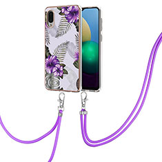 Silicone Candy Rubber Gel Fashionable Pattern Soft Case Cover with Lanyard Strap Y03B for Samsung Galaxy M02 Purple