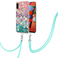 Silicone Candy Rubber Gel Fashionable Pattern Soft Case Cover with Lanyard Strap Y03B for Samsung Galaxy M11 Colorful