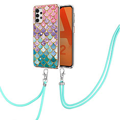 Silicone Candy Rubber Gel Fashionable Pattern Soft Case Cover with Lanyard Strap Y03B for Samsung Galaxy M32 5G Colorful