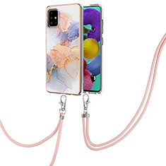 Silicone Candy Rubber Gel Fashionable Pattern Soft Case Cover with Lanyard Strap Y03B for Samsung Galaxy M40S Clove Purple