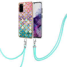 Silicone Candy Rubber Gel Fashionable Pattern Soft Case Cover with Lanyard Strap Y03B for Samsung Galaxy S20 5G Colorful