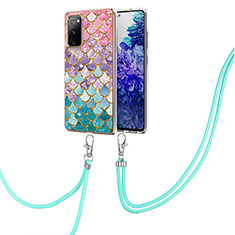 Silicone Candy Rubber Gel Fashionable Pattern Soft Case Cover with Lanyard Strap Y03B for Samsung Galaxy S20 FE 4G Colorful