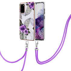 Silicone Candy Rubber Gel Fashionable Pattern Soft Case Cover with Lanyard Strap Y03B for Samsung Galaxy S20 Purple