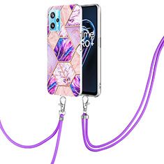 Silicone Candy Rubber Gel Fashionable Pattern Soft Case Cover with Lanyard Strap Y04B for Realme 9 Pro 5G Clove Purple